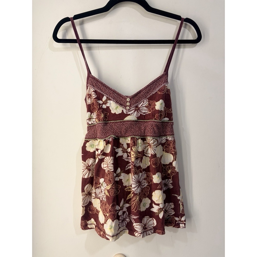 Y2K Hollister Floral Babydoll Top Women's L Burgundy Boho 100% Cotton